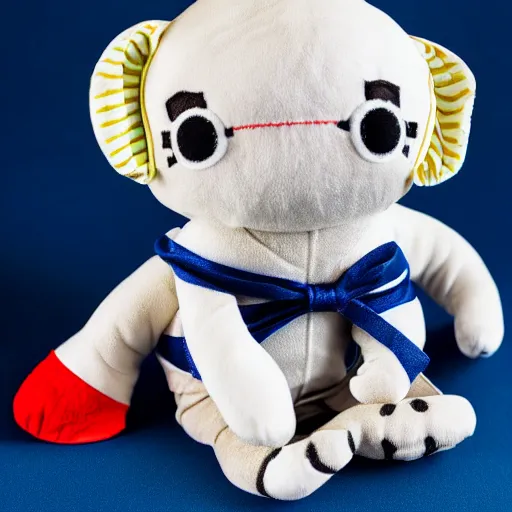 Image similar to stuffed animal frog wearing a sailor suit, plushie photography,