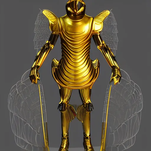 Image similar to a man 4 5 meters tall covered completely with a golden armor, his skin looks like piano keys and can bee seen between the armor, he has wings made of energy in his back, he has a thurible in his hand, he lives in the year 3 0 0 0, unreal engine 5