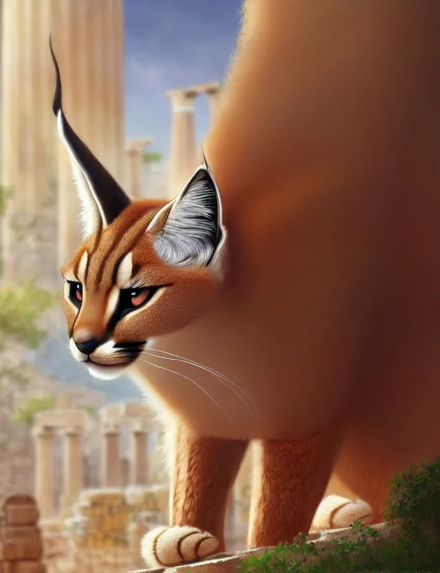 Image similar to cute fluffy caracal in a ancient greek city | | cute, key visual, realistic shaded perfect face, fine details by stanley artgerm lau, wlop, rossdraws, james jean, andrei riabovitchev, marc simonetti, and sakimichan, trending on artstation