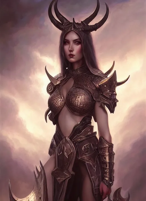 Image similar to a beautiful woman with horns and armor, painted by artgerm and tom bagshaw, fantasy art, dramatic lighting, highly detailed oil painting