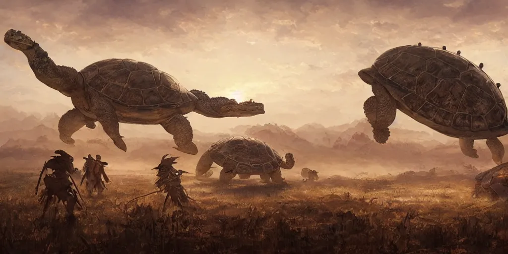 Prompt: a tribe fighting a giant steampunk turtle monster on the empty plains at dawn, ethereal fantasy art by greg rutkowski