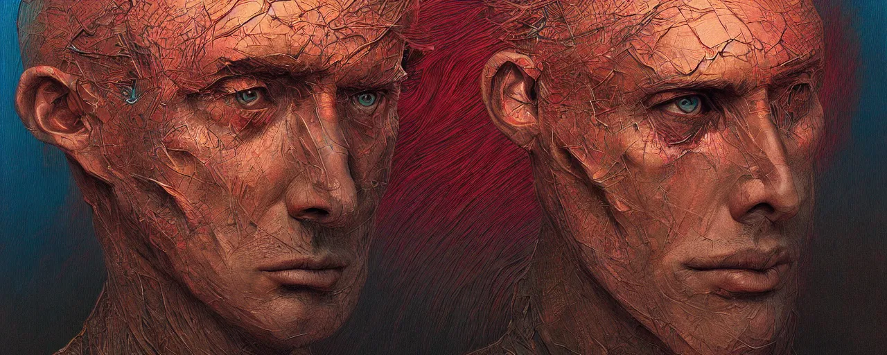 Image similar to portrait of a man in the style of android jones and zdzislaw beksinski