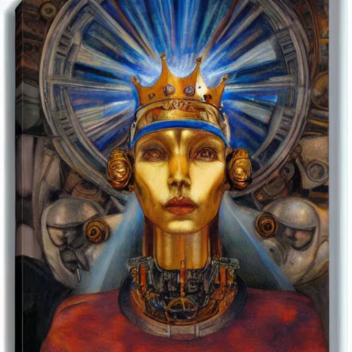 Prompt: the robot crown, by Annie Swynnerton and Diego Rivera , symbolist, dramatic lighting, elaborate geometric ornament, Art Brut, god rays, soft cool colors,smooth, sharp focus, extremely detailed, Adolf Wölfli and (Donato Giancola)