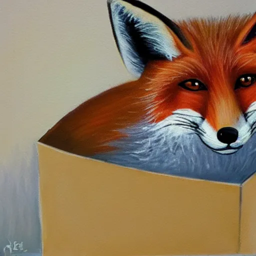 Prompt: a fox hiding inside a box, painting