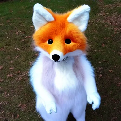 Image similar to extremely fluffy fox fursuit, cute, photo