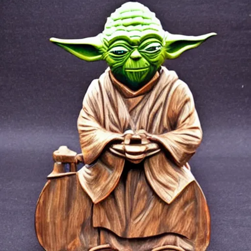 Prompt: wooden sculpture of yoda on a motorcycle, polished maple, thoughtful, elegant, real