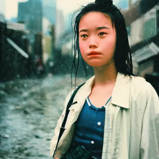 Image similar to 1990s perfect 8K HD professional cinematic photo of close-up japanese schoolgirl posing in postapocalyptic cityscape, at evening during rain, at instagram, Behance, Adobe Lightroom, with instagram filters, depth of field, taken with polaroid kodak portra