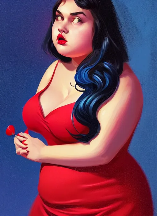 Image similar to full body portrait of teenage veronica lodge, obese, bangs, sultry, realistic, sultry smirk, wavy hair, red skirt, fat, belly, intricate, elegant, glowing lights, highly detailed, digital painting, artstation, concept art, smooth, sharp focus, illustration, art by wlop, mars ravelo and greg rutkowski