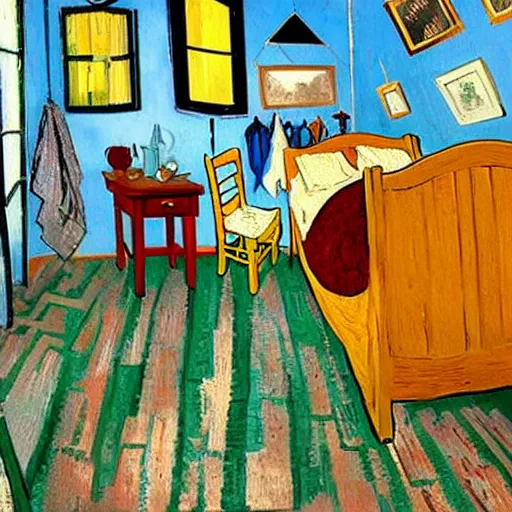 Prompt: a cozy bedroom decorated by van gogh, detailed, high resolution, wow!, intricate