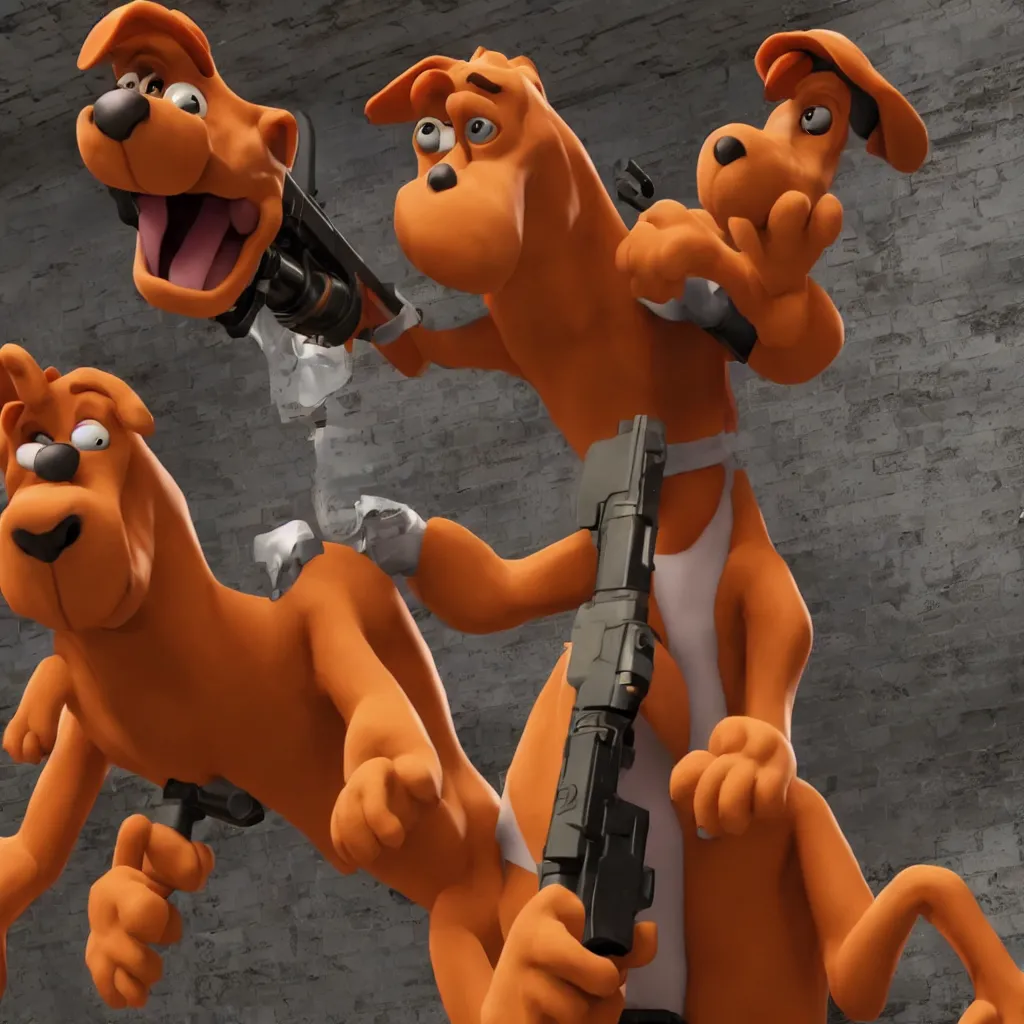 Image similar to scooby doo holding a shotgun in his mouth, unreal engine, 4 k, ray - tracing,