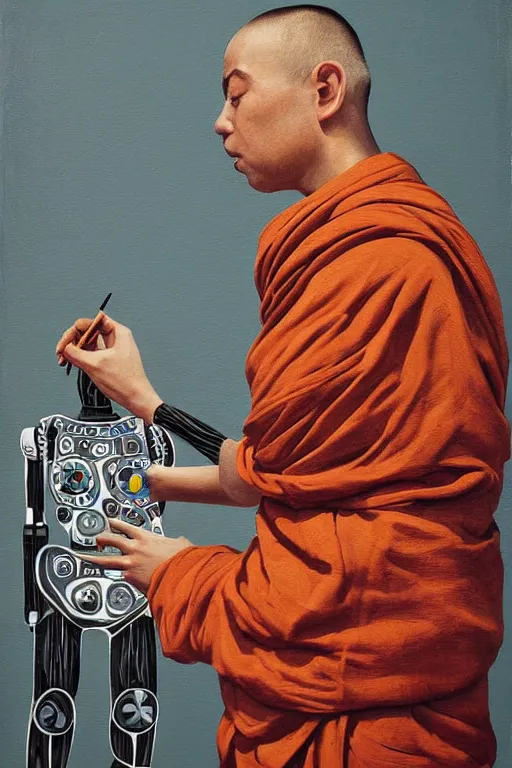 Image similar to robot monk painting a self - portrait on a canvas. intricate, highly detailed, photorealistic, film still, by gustav kilmt.