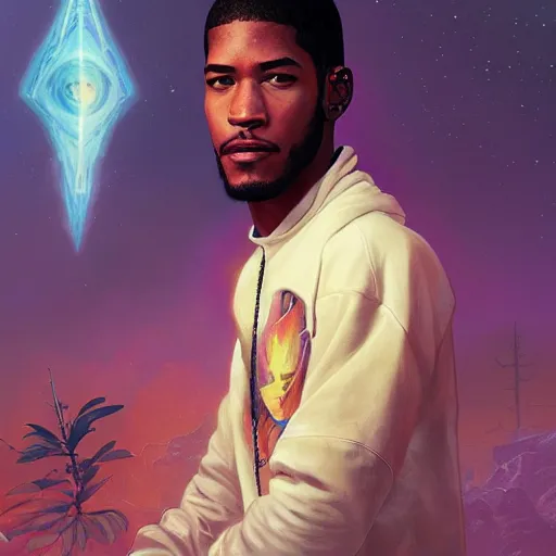 Prompt: scifi character portrait of Kid Cudi, utopian mood, intricate, wild, highly detailed, digital painting, artstation, concept art, smooth, sharp focus, illustration, art by artgerm and greg rutkowski and alphonse mucha