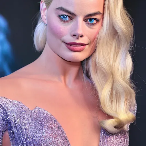 Image similar to Margot Robbie as Elsa in disney frozen live action, 8k full HD photo, cinematic lighting, anatomically correct, oscar award winning, action filled, correct eye placement,