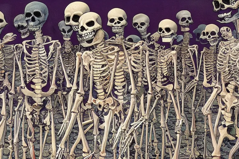 Prompt: scene from exhibition at the museum of modern art, day of all the dead, skeletons, artwork by jean giraud