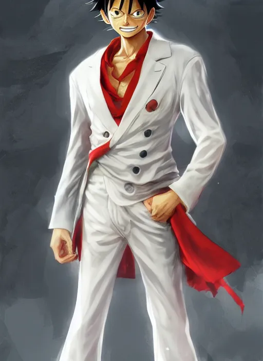 Image similar to a professional render of luffy wearing a white suit, calm face, concept art, sharp detail, smooth render, art style by Ruan Jia and Mandy Jurgens and Ian Spriggs and William-Adolphe Bouguerea