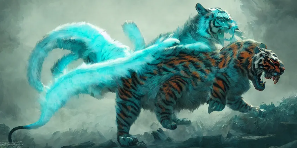 Image similar to Ghostly tiger creature made out of turquoise energy character design sheet, Monster Hunter Illustrations art book, Bright sparks, claws, huge sabertooth fangs, Moebius, Greg Rutkowski, Zabrocki, Karlkka, Jayison Devadas, Phuoc Quan, trending on Artstation, 8K, ultra wide angle, zenith view, pincushion lens effect.