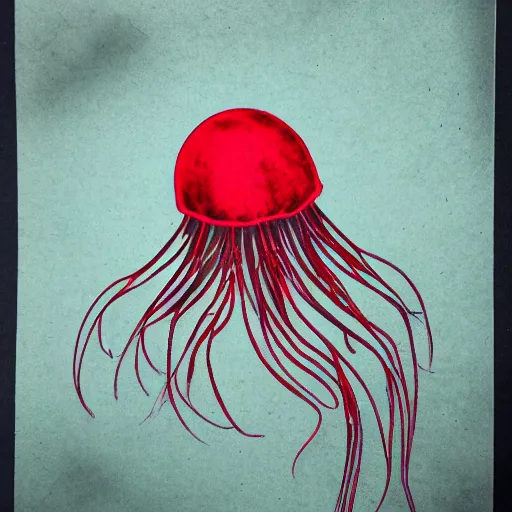 Prompt: bio-mechanical jellyfish flower, red on black cyanotype illustration, detailed and aesthetic