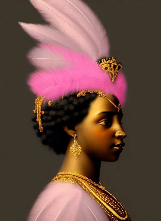 Prompt: stunning african godess princess, detailed pink and white feathers head peace against a black backdrop by ivan aivazovsky, 3 / 4 view portrait, wlop, super sharp details, photorealism, canon 5 d, 5 0 mm lens, stunning photoshot, beautiful soft lighting, muted colours, artstation