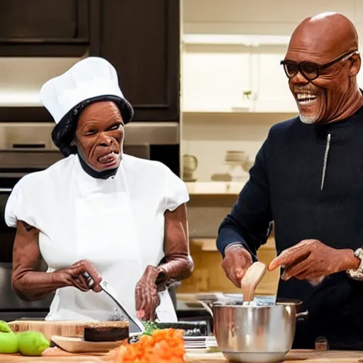 Image similar to Samuel L Jackson and Mary Berry cooking together