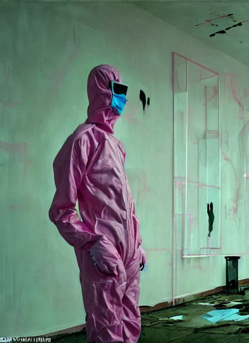 Image similar to a skinny, starving artist in a hazmat suit, painting the walls inside a deserted chernobyl, hauntingly surreal, highly detailed painting by francis bacon, edward hopper, adrian ghenie, gerhard richter, and james jean, soft light 4 k in pink, green and blue colour palette, science fiction, highly detailed