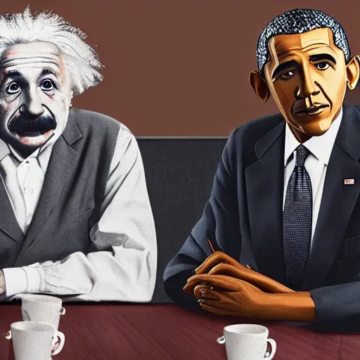 Image similar to Einstein and Obama sitting at McDonalds, ultra detailed, photorealistic, dramatic lighting