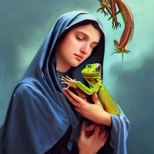 Image similar to the virgin mary holding a baby lizard lizard, highly detailed, digital painting, concept art, smooth, sharp focus, illustration, surrealist, absurd, humorous, photoshop, art by artgerm and greg rutkowski and alphonse mucha