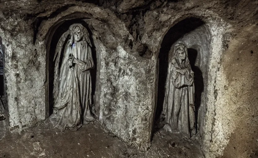 Prompt: several decrepit creepy statues of the archangel gabriel staring and smirking at the camera, placed throughout a dark claustrophobic old catacomb cavern, realistic, pitch black, depth of field, wide shot, sinister, bad lighting, foreboding, blurry grainy photo