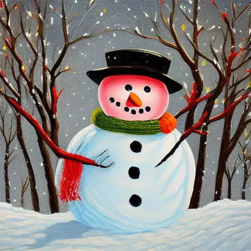 Prompt: a painting of a snowman holding a hedge in front of a fence, a detailed painting by Ilya Ostroukhov, deviantart, naive art, detailed painting, storybook illustration, made of beads and yarn