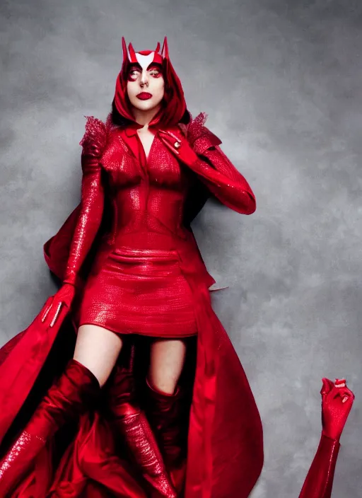 Image similar to photoshoot of lady gaga as the scarlet witch in wandavision , magazine, High resolution. Highly detailed. Dramatic. 8k.4k.