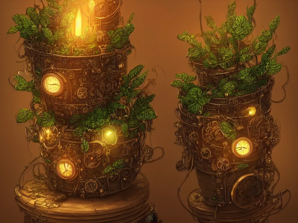 Image similar to an angry plant pot cushion. steampunk, intricate, elegant, fantasy, highly detailed, digital painting, concept art, sharp focus, illustration, beautiful lighting, epic light, artstation, colorful, dramatic