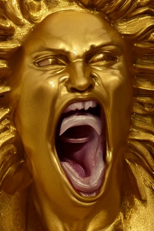 Image similar to archangel Michael, screaming face, closeup, ultra detailed, made in gold, Guido Reni style