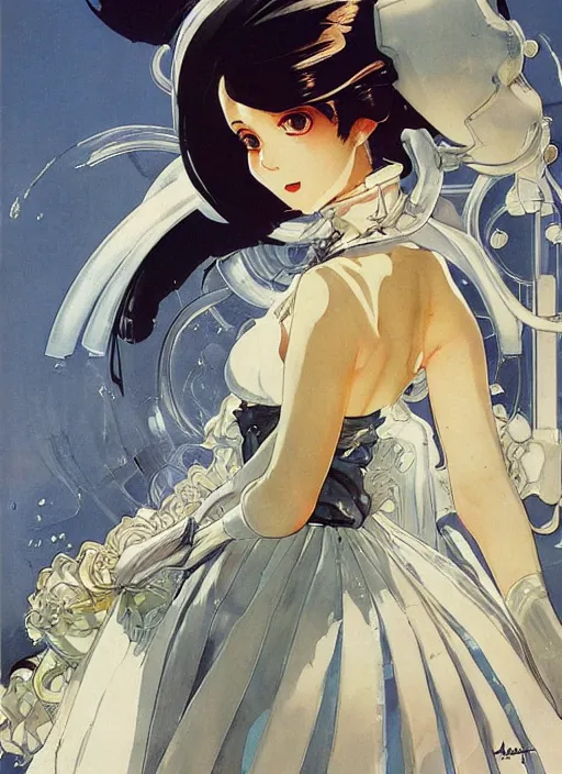 Prompt: a low angle copic maker art nouveau portrait of anime girl detailed features wearing a puffy futuristic wedding dress designed by balenciaga by john berkey, norman rockwell akihiko yoshida