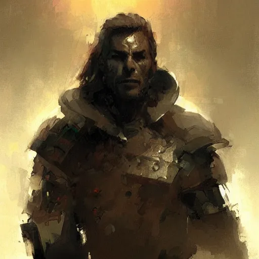 Image similar to Portrait painting of weary paladin by greg rutkowski and Craig Mullins, Dark atmospheric and cinematic lighting