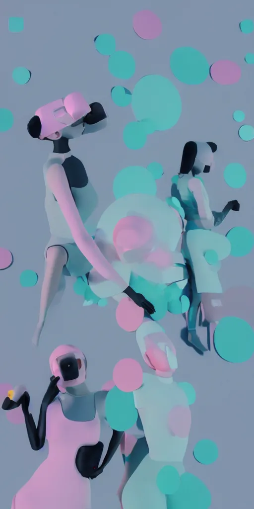 Prompt: 3d matte render, VR goggles, mannequins, dj rave party, Hsiao-Ron Cheng, pastel colors, hyper-realism, pastel, polkadots, minimal, simplistic, amazing composition, vaporwave, wow, Gertrude Abercrombie, Beeple, minimalistic graffiti masterpiece, minimalism, 3d abstract render overlayed, black background, psychedelic therapy, trending on ArtStation, ink splatters, pen lines, incredible detail, creative, positive energy, happy, unique, negative space, pure imagination painted by artgerm