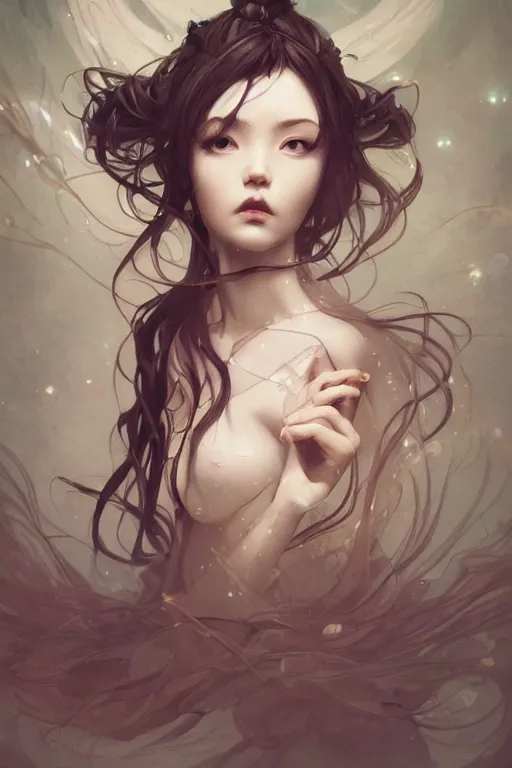 Image similar to character bust portrait, zero gravity floating in the wind, a seductive praying goddess in the style of artgerm, wlop, greg rutkowski, alphonse mucha and ayami kojima, realistic details, volumetric lighting, very very very very beautiful symmetrical face, trending on artstation, artstationhd, artstationhq, unreal engine, 4 k, 8 k