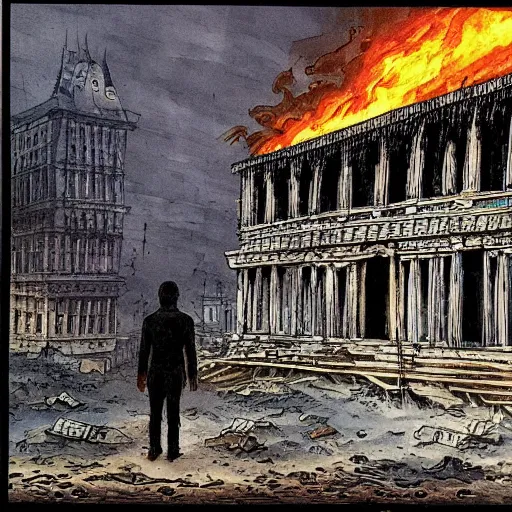 Image similar to the city is burning and fire is everywhere, palaces are collapsing just a man was standing alone crying while world is getting destroyed detailed picture