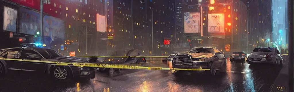 Prompt: a police crime scene at night on the streets of new york. epic cinematic hyperrealism masterpiece. realistic poster with shaded lighting by craig mallismo, artgerm, jeremy lipkin and michael garmash, unreal engine, radiant light, detailed and complex environment, digital art, art station trends, detailed faces, detailed eyes