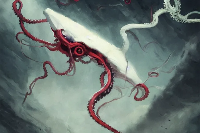 Image similar to painting by greg rutkowski of a flying chalk white head and face, with tentacles coming of the neck, red eyes, flying in a terrying hell like cavernous place