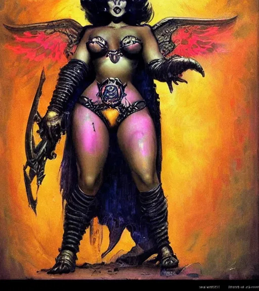 Image similar to portrait of plus size iranian female chaos angel, beautiful! coherent! by frank frazetta, by brom, strong line, vivid neon color, shining metal power armor, iron helm, high contrast, maximalist