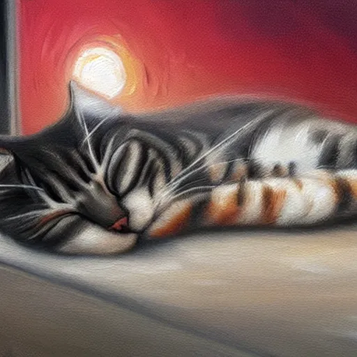 Image similar to a realistic painting of a cat sleeping on a sidewalk at night highly detailed trending on art station