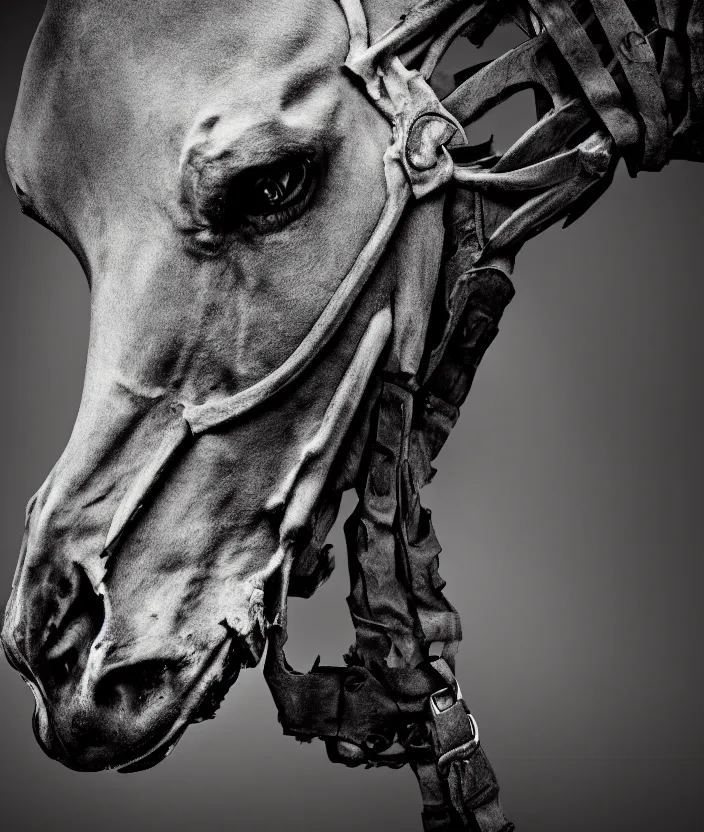 Image similar to skeleton of a horse in a dark veil, dark and mysterious, stopped in time, atmospheric, ominous, eerie, cinematic, epic, 8 k, 4 k, ultra detail, ultra realistic