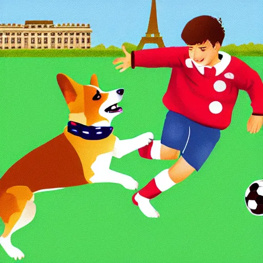 Image similar to illustration of french boy in paris playing football against a corgi, the corgi is wearing a polka dot scarf