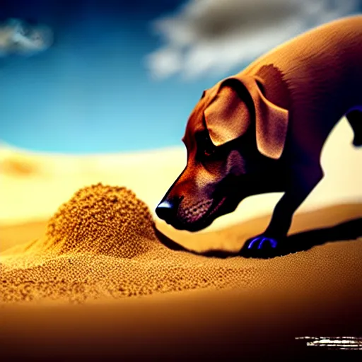 Image similar to dog eating sand, stylized, artstation, hd, cgsociety, cgi, digital illustrations and arts, realistic, dramatic, cinematic, artistic, famous, detailed