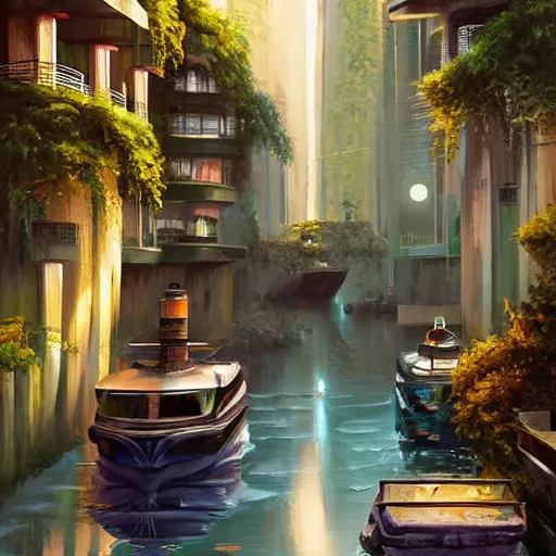 Image similar to Narrow cosy waterway in futuristic sci-fi city in harmony with nature. Nice colour scheme, soft warm colour. Beautiful detailed painting by Lurid. (2022)
