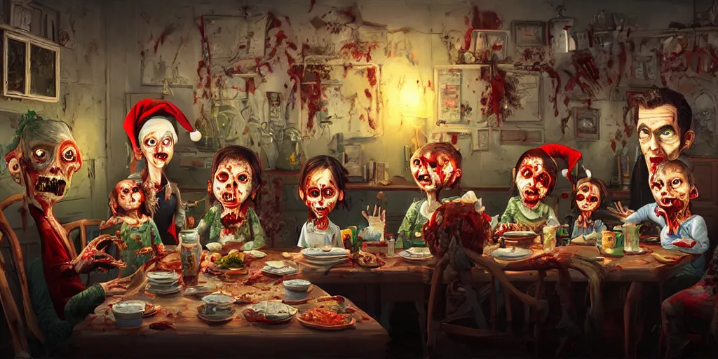 Image similar to a zombie family christmas diner, wide angle, super highly detailed, professional digital painting, artstation, concept art, smooth, sharp focus, no blur, no dof, extreme illustration, unreal engine 5, photorealism, hd quality, 8 k resolution, cinema 4 d, 3 d, beautiful, cinematic, art by tim burton