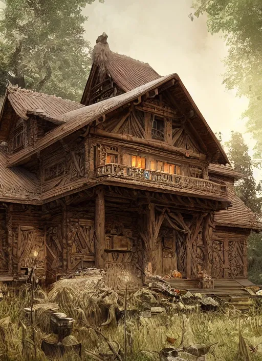 Image similar to a wood carved house on a mystic groove, art style by kim jung gi karl marx greg rutkowski, au naturel, hyper detailed, digital art, trending in artstation, cinematic lighting, studio quality, smooth render, unreal engine 5 rendered, octane rendered