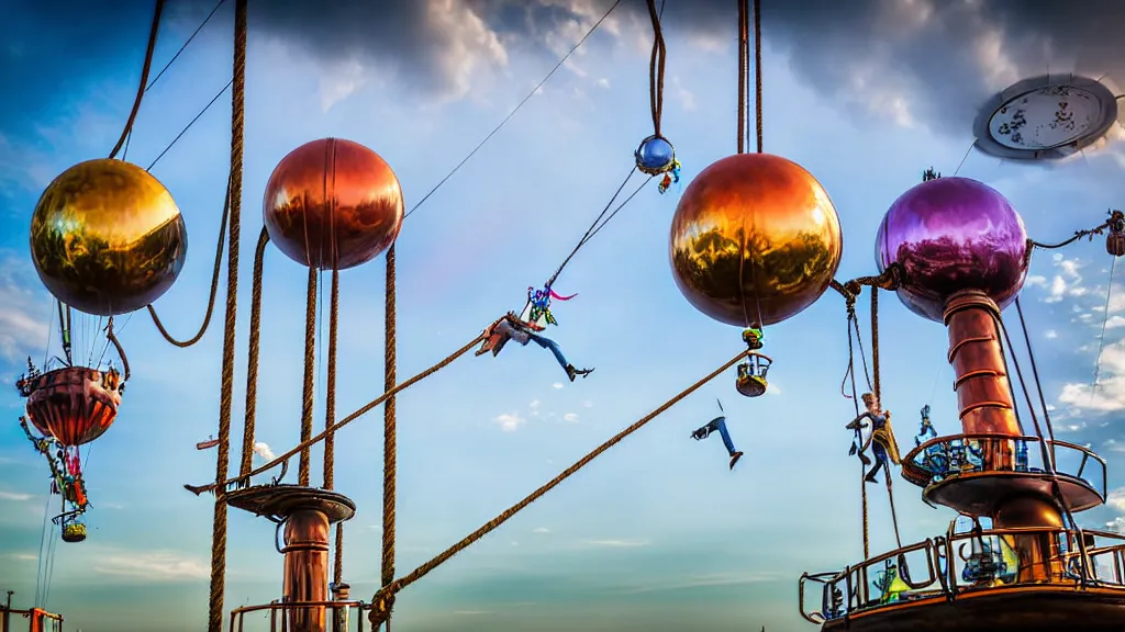 Image similar to large colorful futuristic space age metallic steampunk steam - powered balloons with pipework and electrical wiring around the outside, and people on rope swings underneath, flying high over the beautiful klaipeda in lithuania landscape, professional photography, 8 0 mm telephoto lens, realistic, detailed, photorealistic, photojournalism