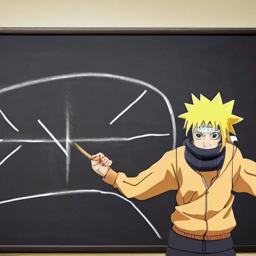 Prompt: Naruto solving quantum gravity on an blackboard, photograph, circa 2050