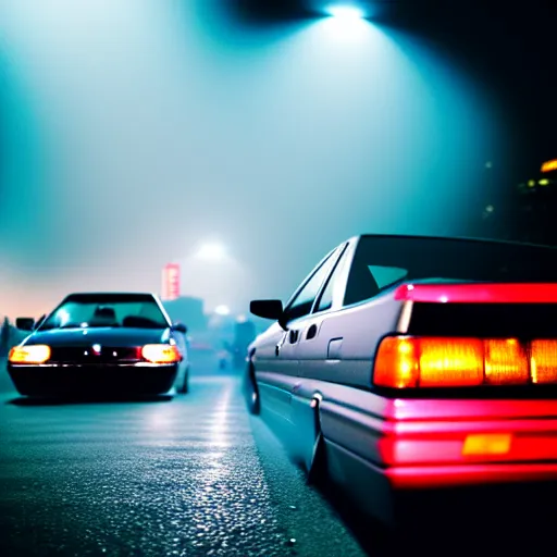 Image similar to a car JZX100 at illegal car meet, Shibuya prefecture, city midnight mist, cinematic color, photorealistic, highly detailed, 200MM