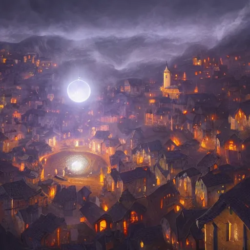 Image similar to aerial view of a medieval town lit by a glowing orb hanging far above the town. by alan lee by peter mohrbacher, trending on artstation sharp focus vfx key shot